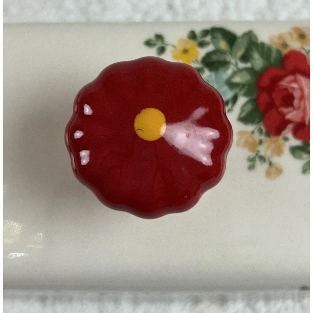 Pioneer Woman Single Stick Butter Dish Vintage Floral Stoneware Teal Red Ivory
